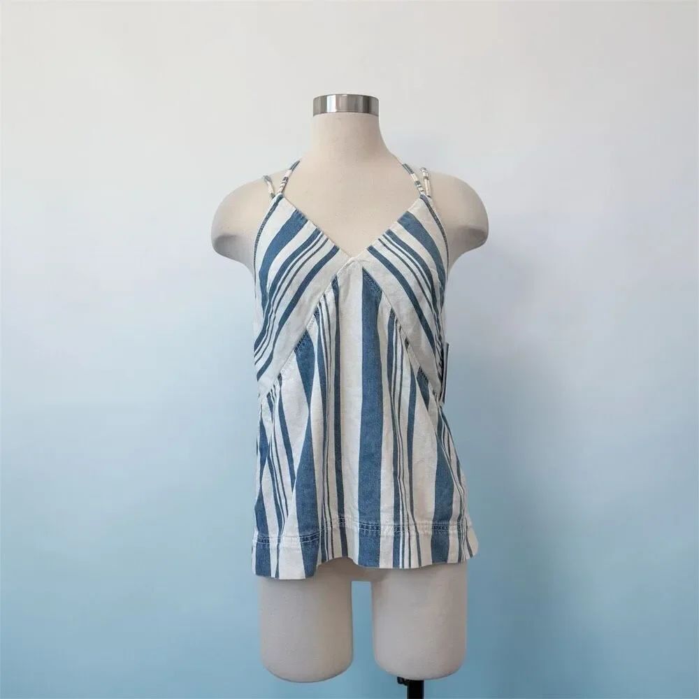 Universal thread denim halter top blouse v neck blue white stripe XS